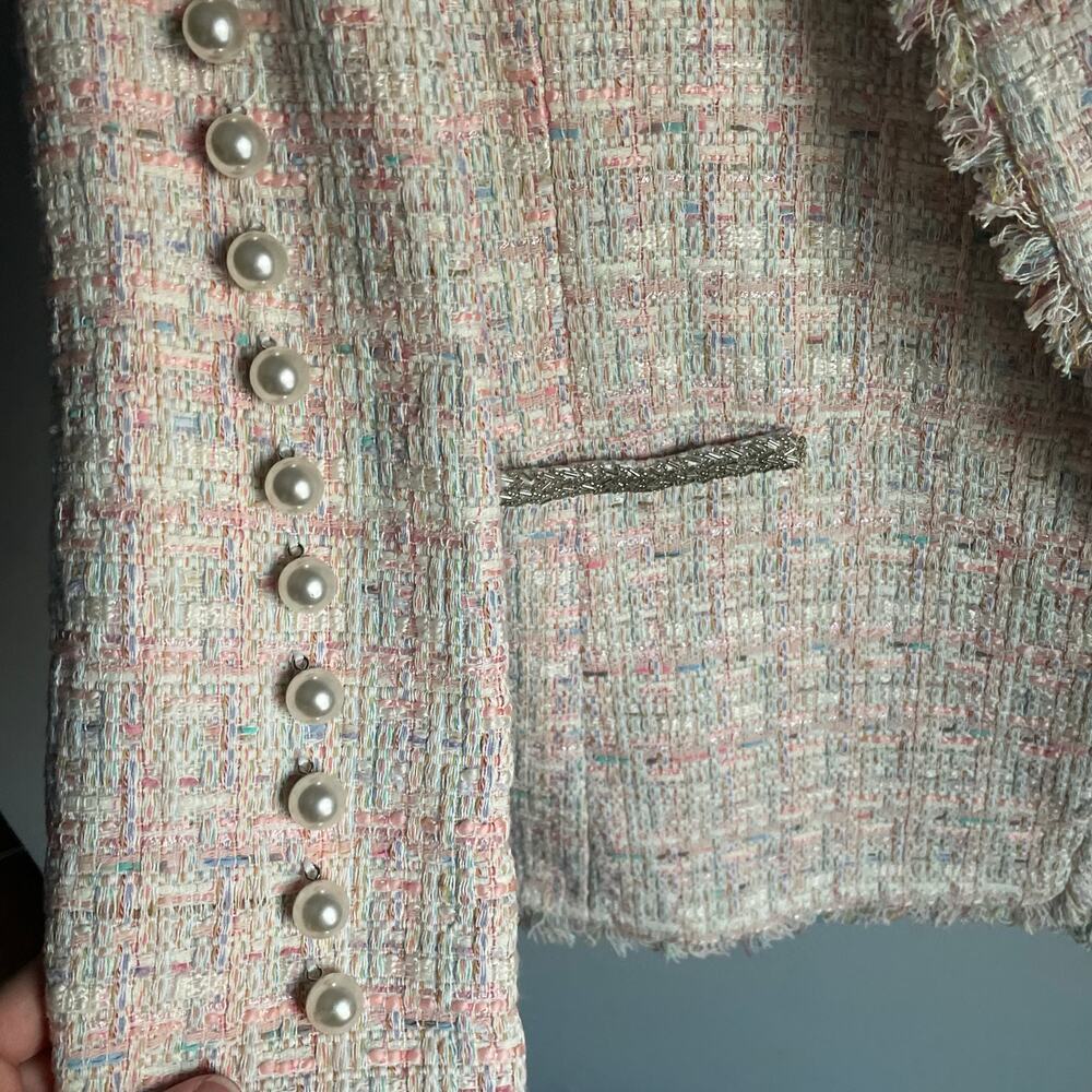 Guxi Pink Pastel Tweed Blazer with Pearls Fringe Preppy Old Money size XL - Picture 5 of 10